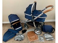 egg pram navy and tan